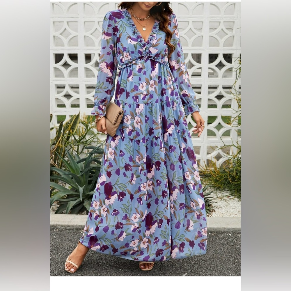 SHEIN Blue Floral Maxi Dress with Purple Accents